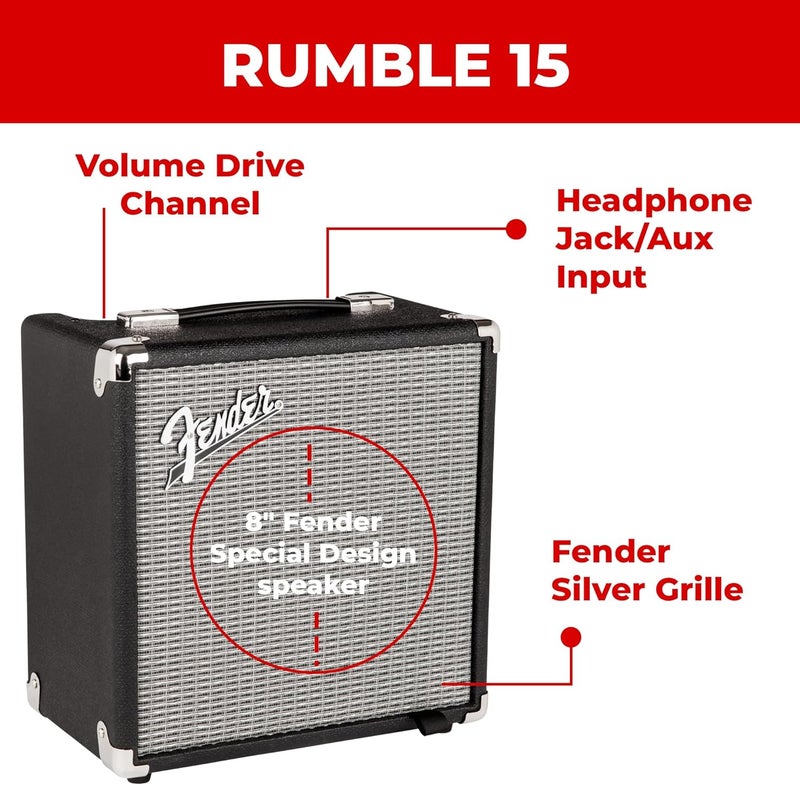 FENDER حزمة مضخم الصوت Rumble 15 مع كابل آلة موسيقية وقرص DVD تعليمي من أوستن بازار - Image 3